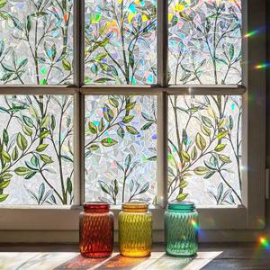 Window Privacy Film, Stained Glass Decorative Static Cling, Removable Laser Sun Blocking Vinyl Covering,Window Film for Home Kitchen Living Room, Green Vineman, 29.5 x 78.7in
