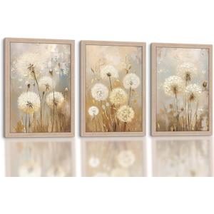 3 Pcs Framed Dandelion Canvas Wall Art, Modern Floral Prints, 16x24 Inch