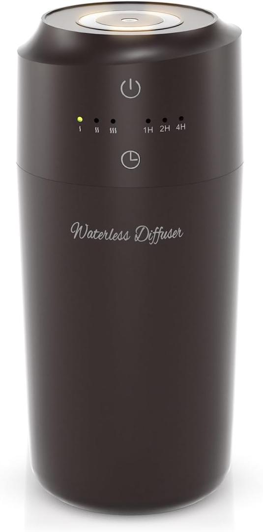 Waterless Diffuser for Essential Oil, Battery Operated Aromatherapy Diffuser, Waterless Essential Oil Diffuser with 3 Mist Intensity & 3 Timers, Wireless Scent Diffusers for Home, Car, Office (Brown)