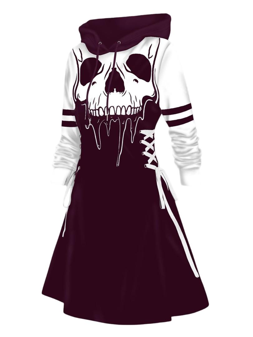 DRESSFO Women’s Gothic Skull Print Hoodie Dress – Long Sleeve Lace Up Colorblock A-Line Mini Dress with Hood (Concord/Small)