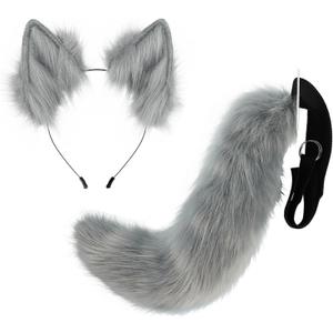 Merkaunis 2 Pcs Grey Cat Fox Wolf Ears and Tail Set, Wolf Ears and Tail Set, Fox Furry Costume, Cat Ears and Tail for Costume, Halloween, Masquerade Prop, Christmas (Grey)