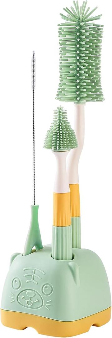 3 in 1 Baby Silicone Bottle Brush Set, Multipurpose Bottle Cleaner, Bottle Brush with Storage Holder, Food Grade Silicone, Effortless Scrubbing, Baby Bottle Cleaning Brush (Green)
