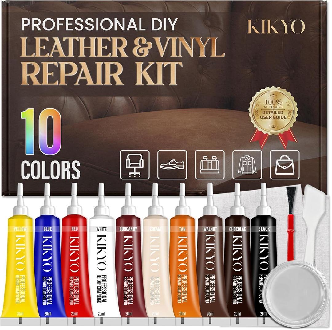 KIKYO Leather & Vinyl Repair Kit, Easily Fix Scratches, Tears, and Holes on Car Seat, Dash, Jacket, Shoe, Furniture, Sofa, Couch Upholstery, Simple Color Match for PU, Genuine & Faux Leather