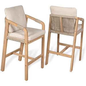 JONATHAN Y BSL1200A-SET2 Porto Modern Coastal Tub Roped Acacia Wood Outdoor Bar Stool with Cushions and Armrests Modern, Coastal, Contemporary, Rustic, Garden Room, Patio, Beige/Light Teak (Set of 2)