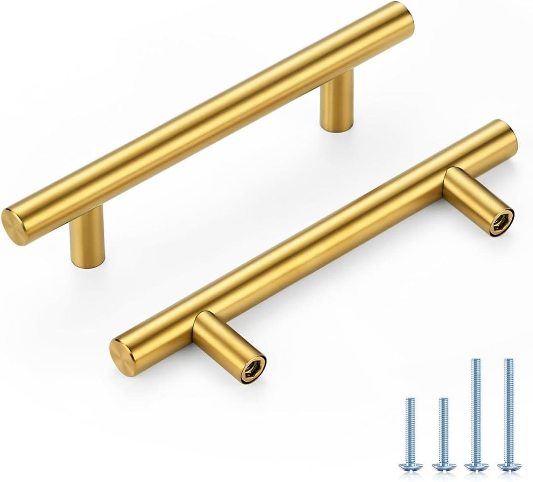 HOME EDIT Brushed Brass Cabinet Handles 3-3/4 Inch Hole Spacing, Stainless Steel Drawer Pulls for Cabinets, Kitchen, Bathroom, Dresser 10 Pack
