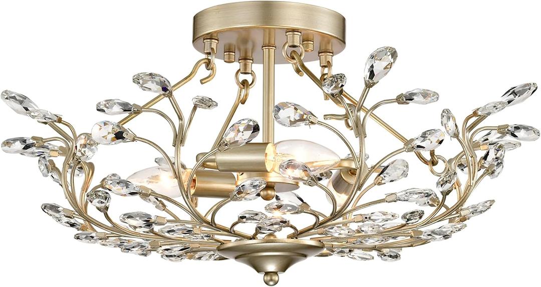 20.5 Inch Vintage Semi Flush Mount Ceiling Light Fixture Modern Crystal Chandelier 3 Light Brushed Silver Chandelier for Living Room, Dining Room, Bedroom, Kitchen, Entryway, Hallway E12