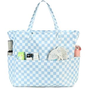 Bluboon Waterproof Beach Tote Pool Bags for Women Ladies Extra Large Carry On Bag With Wet Compartment for Weekender Travel | Waterproof, Extra Large, With Wet Compartment, for Weekender Travel, Waterproof, Extra Large (Blue White Checked)