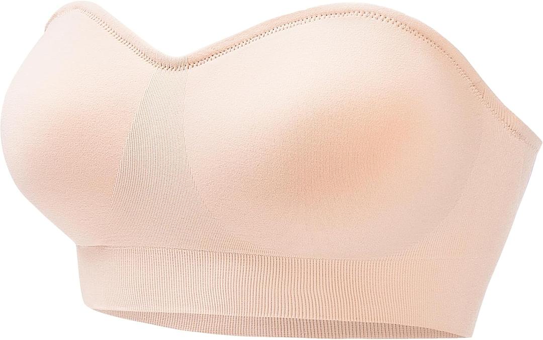 PRETTYWELL Strapless Bra for Women Comfort Non-Slip Seamless Padded Bandeau Bras Wireless Tube Top Bra with Multi-Way Straps (Large, Beige)