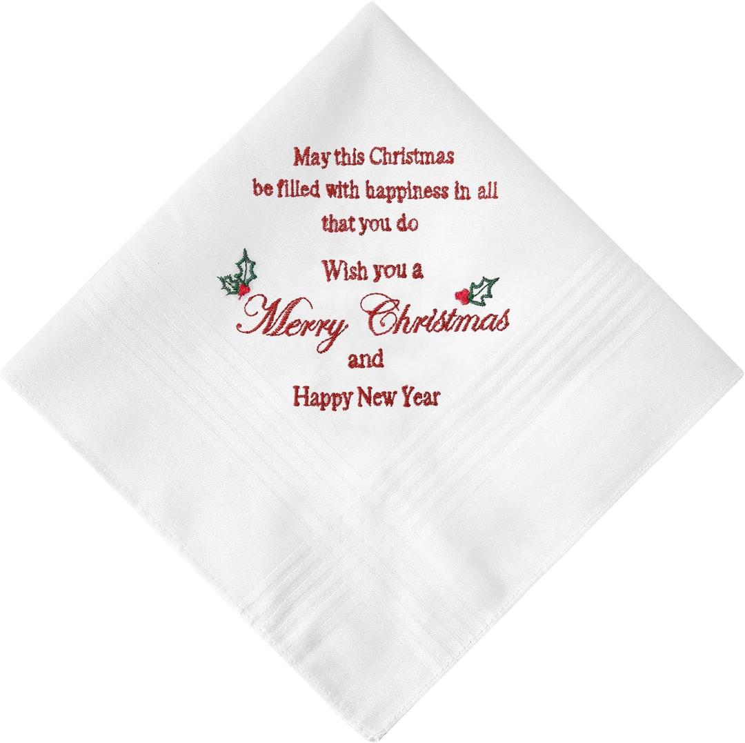 Cotton Christmas Handkerchiefs, Embroidered Holiday Handkerchiefs, Handkerchief Gifts with Blessings for Men & Women