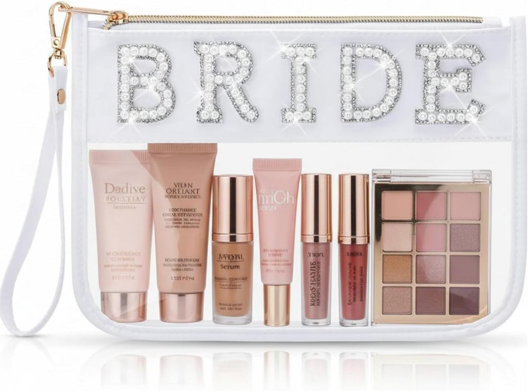 Hillban Clear Bride Makeup Bag Bridal Shower Gift Cosmetic Bag Bling Pearl Rhinestone Patch Pouch Waterproof PVC Travel Organizer for Bridesmaid Bridal Shower Bachelorette Party(Pearl Rhinestone)