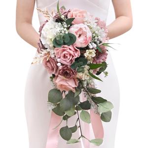 Serwalin 9.8 Inch Wedding Bouquets for Bride Bridesmaid, Dusty Pink Peonies Bridal Bouquets for Bride, Wedding Flowers Bouquet Tossing Bouquet, Wedding Ceremony and Anniversary Day Decor