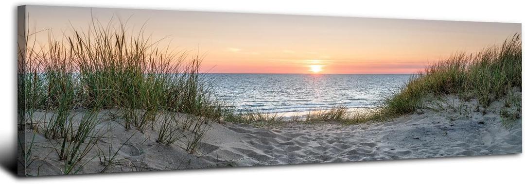 Sunset Beach Wall Art Bathroom Decor Coastal Blue Sea Picture Ocean Seascape Seaside Scene Canvas Prints Modern Seashore Grass Sand Dunes Painting Nature Artwork Bedroom Living Room Decorations 14x48"