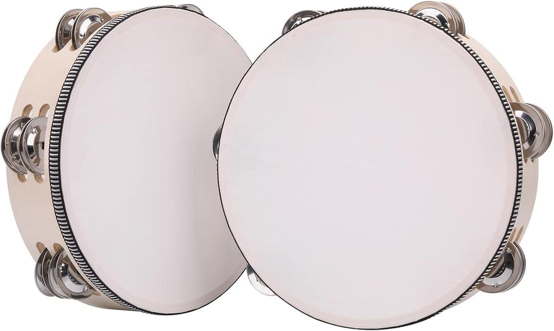 2Pack 8 Inch Double Row Tambourine for Adults Wooden Hand Held Drum Bell Tambourine with Metal Jingles, Percussion Musical Instruments Hand Tambourine for Church, KTV, Party