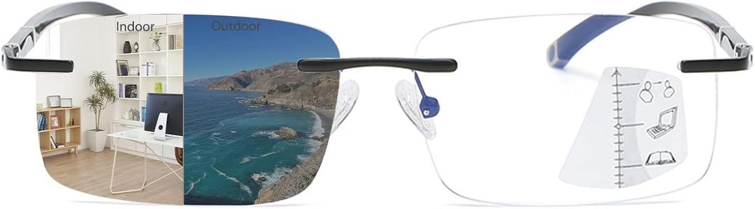 K.LAVER Photochromic Progressive Multifocal Reading Glasses Blue Light Blocking Glasses Rimless Transition Sunglasses Unisex