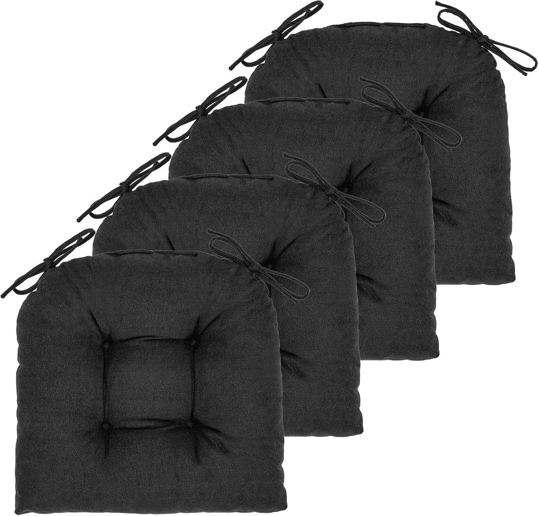 Chair Cushion, 4 Pack Chair Cushions for Dining Chairs, Chair Pads and Mat with Ties for Indoor Kitchen Seat and Desk (4 Count - 17 x 16 in, Black)