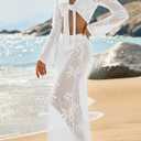 Saodimallsu Womens Crochet Swim Cover Up 2 Piece V Neck Long Sleeve Wrap Tie Crop Tops Beach Boho Maxi Coverup Set, Small