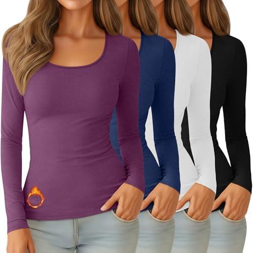 Velvelhall 4 Pack Women's Thermal Shirt Fleece Lined Long Sleeve Scoop Neck Top Undershirt Fitted Winter Base Layer Underwear, Large