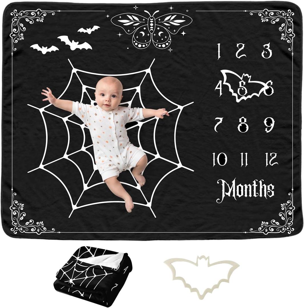 Gothic Baby Monthly Blanket for Boys, Goth Newborn Month Blanket, Soft Flannel Photography Background Prop, Moth Bat Halloween Personalized Shower Gift, Gothic