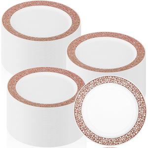 Skylety 100 Pcs Rose Gold Plastic Dessert Plates 6 Inch, Lace Design Disposable Dessert Salad Plates Small Appetizer Cake Plate for Party Birthday Wedding Baby Shower Anniversary Supplies, about 6 inch