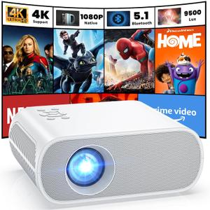 HOMPOW Projector, Native 1080P Full HD Bluetooth Projector with Speaker, 9500 Lumens Outdoor Portable Movie Mini Projector Compatible with Laptop, Smartphone, TV Stick, Xbox, PS5