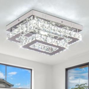 Finktonglan Crystal LED Flush Mount Ceiling Light, 11.8"9.1" Rectangular Close to Ceiling Light, 24W 6500K Cool White Daylight, K9 Crystal & Stainless Steel, Non-Dimmable