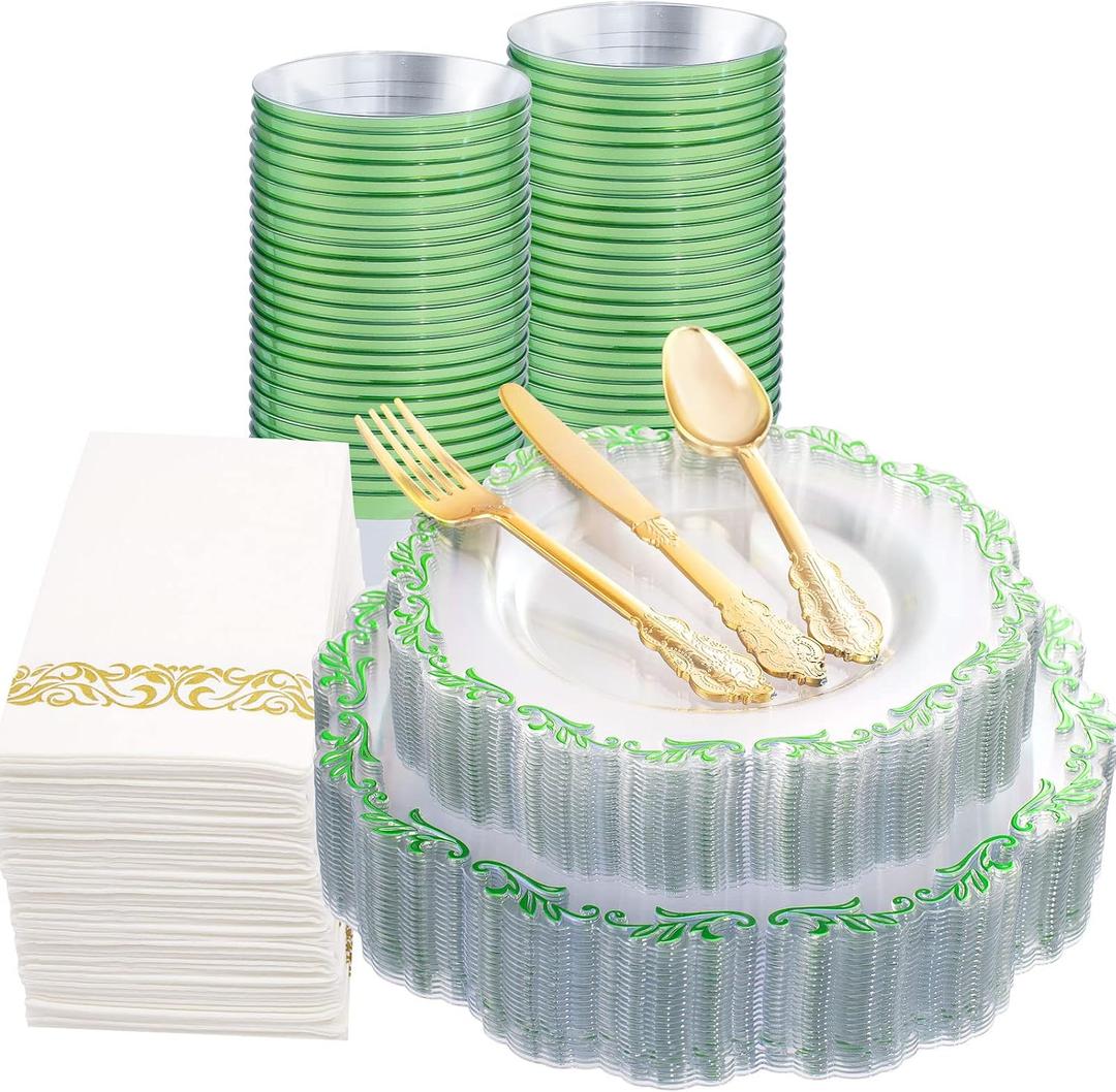 PULOTE 175PCS Green Plastic Plates - Clear Plastic with Green Rim Disposable - Include 25 Each (Dinner & Dessert) Plates, 75 Cutlery, 25 Cups, 25 Napkins, Idea for Wedding&Party