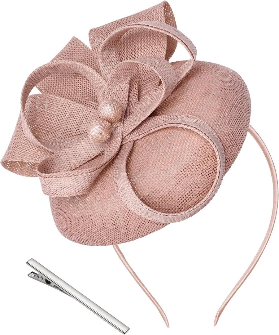 Pistha Fascinator Tea Party Hat for Women, Pillbox Hat with Bow Pearl for Church Wedding Cocktail Dresses Headwear
