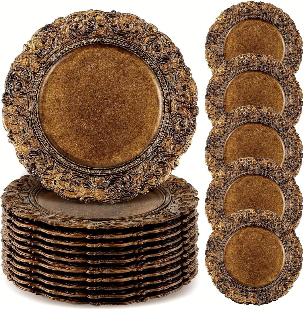30 Pcs Antique Gold Charger Plates Bulk 13 Inch Embossed Rim Plastic Round Decorative Vintage Plates Charger for Dinner Wedding Party Event Table Setting Decoration (Classic)