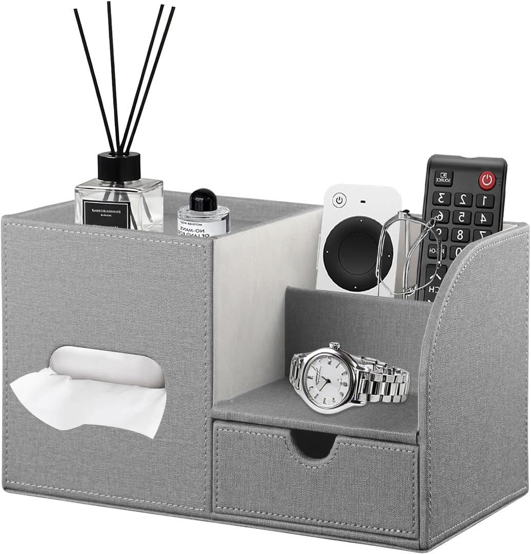 Fanousy Square Tissue Box Cover with Drawer Storage and Tray on Top, PU Leather Tissues Cube Boxes Holder, Modern Nightstand Organizer Caddy, Remote Control Holder for Bathroom, Bedside, Office, Home