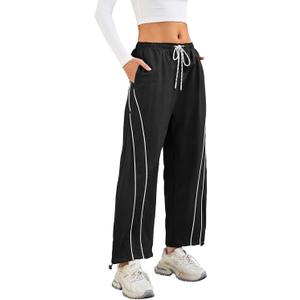 Womens Wide Leg Track Pants Drawstring High Rise Striped Elastic Waist Baggy Pants, Medium