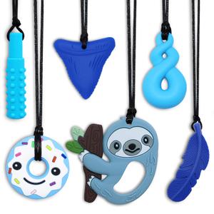 Chew Necklaces for Sensory Kids Boys Girls, 6 Pack Chewy Necklace Sensory Toys for Kids with Autism, Silicone Oral Motor Aids Chew Toys for Children Adults Reduce Fidgeting (Blue Sloth)