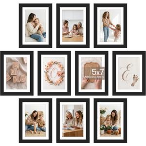 upsimples 5x7 Picture Frame Set of 10, Display Pictures 4x6 with Mat or 5x7 Without, Multi Photo Frames Collage for Wall or Tabletop Display, Black