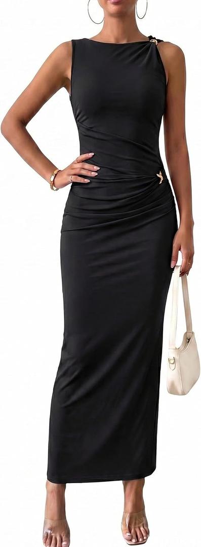 Simplee Womens Summer Bodycon Maxi Dress Ruched Sleeveless Elegant Ribbed Wedding Guest Cocktail Formal Long Dresses (Black, S)
