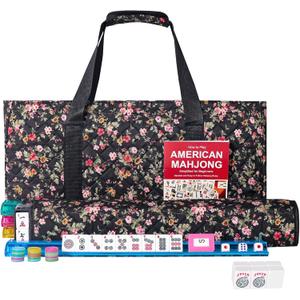 American Mahjong Game Set, 166 Premium White Tiles, 4 All-in-One Color Rack/Pushers, Complete Mahongg Tile SetFlower Printed Carrying Bag (Rectangular, Black)