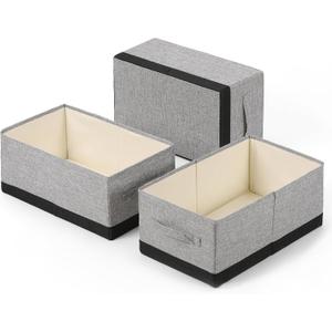 Linen Folding Storage Bins, 3 Pack Large Storage Baskets, Washable, Clothing Storage Bins with Handle, Closet Organizer for Storage Sweater,Sheets (gray black, 18"x11"x8")
