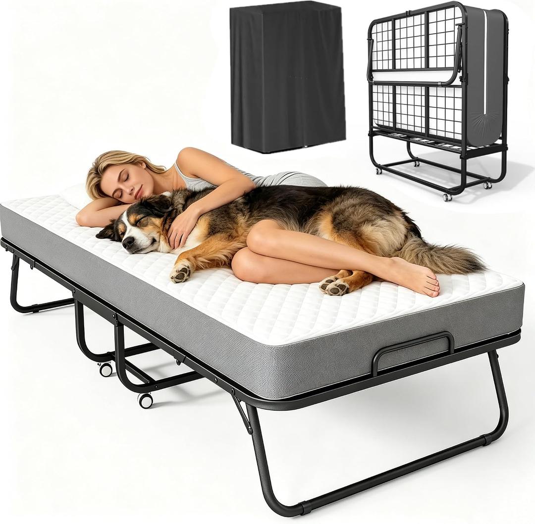 SUNCROWN Folding Bed with Mattress, 75" x 31" Portable Rollaway Bed for Adults with 5" Memory Foam Mattress, Heavy Duty Metal Frame, Space Saving Guest Bed with Wheels
