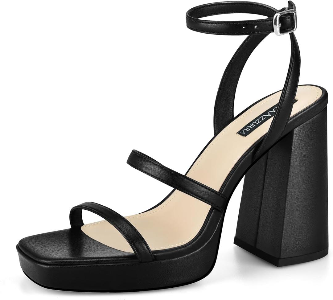 MIRAAZZURRA Platform Strappy Heel Sandals Square Open Toe Two Strap Chunky High Heeled Sandals with Buckle Ankle Strap for Women Party Wedding Dress (7, Black-matte)