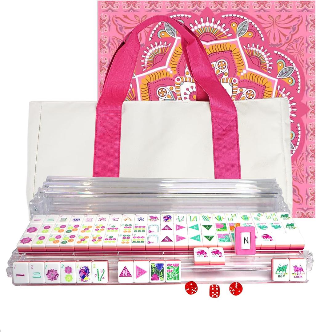 American Mahjong Game Set, Portable Carrying Bag,Acrylic 160 Tiles,Western Mahjong Tiles Set,Complete Ma Jong Set (Rose Red)