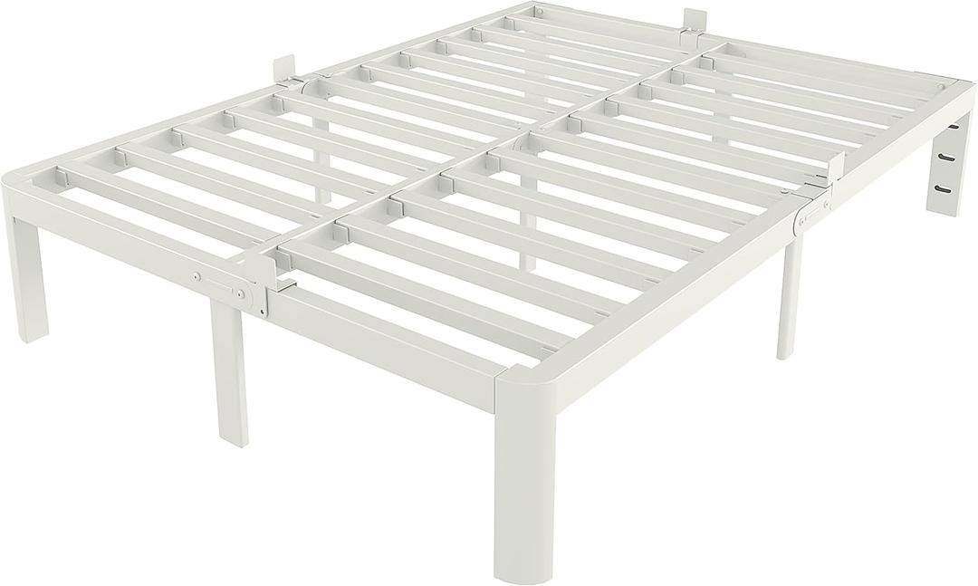 White Full Size Bed Frame 12 Inch, Metal Full Bed Frame No Box Spring Needed, Heavy Duty Steel Support 3500 LBS, DIY Headboard, Noiseless, Round Corner Legs, Storage Space, Easy Assembly
