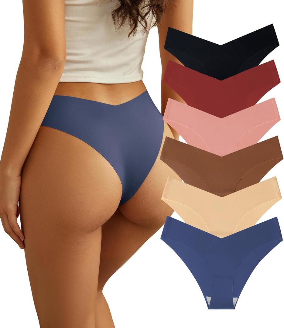 Women Seamless Underwear Soft No Show Stretch Bikini Invisibles Hipster V Cut Panties 6 pack (P3,L)