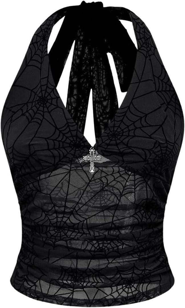 Verdusa Women's Y2k Gothic Goth Halter Top Mesh Sheer Backless Crop Tops Emo Grunge Witchy Clothes Halloween Costumes (Medium, Black) Verdusa Women's Y2k Gothic Goth Halter Top Mesh Sheer Backless Crop Tops Emo Grunge Witchy Clothes Halloween Costumes (Medium, Black)