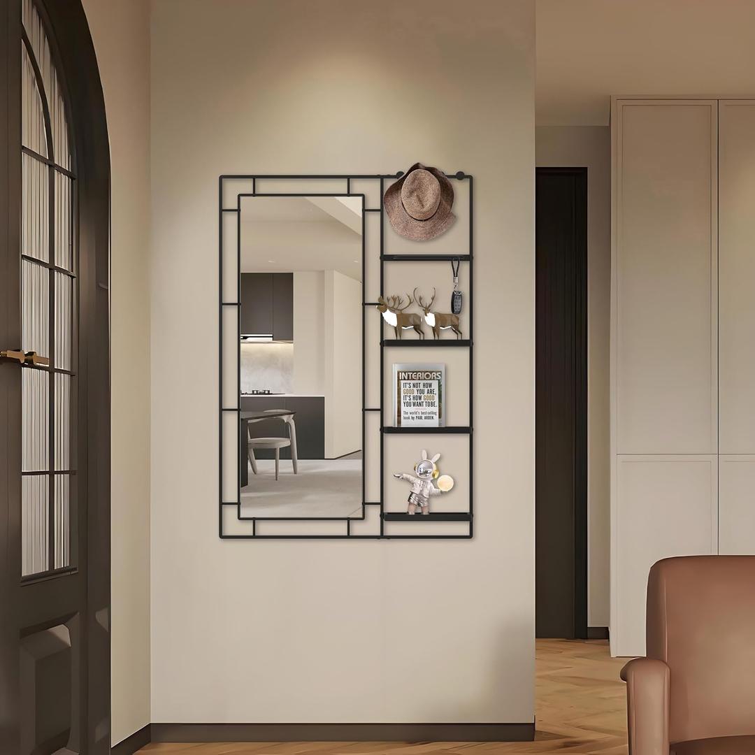 43" X 30" Black Wall Mounted Mirror for Wall, Full Length Mirror with Shelf and Hooks, Large Wall Mirror with Metal Frame 3 Trays and 4 Hooks for Living Room,Hallway,Bedroom (Black, 43x30)