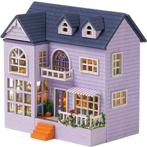CUTEROOM Dollhouse Miniature with Furniture, DIY Wooden Dollhouse Kit Plus LED Lights, Creative Room for Valentine's Day Gift Idea (D032)