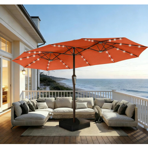 15FT Patio Umbrella with Solar Lights, Double-Sided Extra Large Outdoor Table Umbrella with Base Included, Heavy-Duty 12 Iron Ribs Market Umbrella for Garden, Pool, Backyard,Terracotta