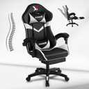 Ergonomic Gaming Chair, High Back PU Leather Office Chair with Footrest, Adjustable Lumbar Support & Headrest, 360° Swivel Computer Chair for Adults, White & Black
