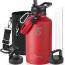 Trebo Water Bottle 64oz with Paracord Handle, Half Gallon Large Vacuum Triple Wall Stainless Steel Insulated Water Jug with Holder Strap Straw Spout Lids, Leakproof Keep Cold & Hot, Red