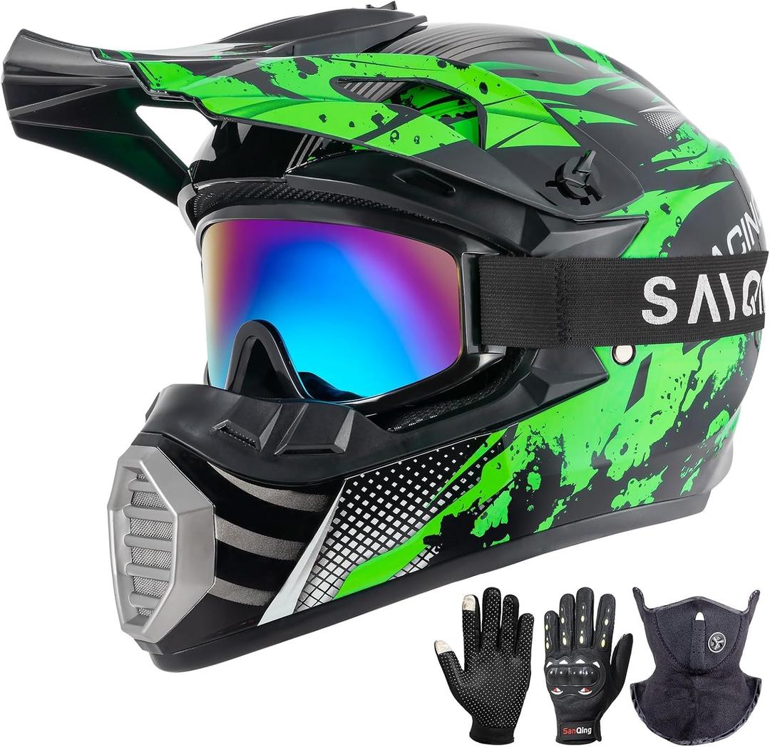 Youth Kids Motocross Helmet, ATV Dirt Bike Helmet, Off-Road BMX 4-Wheeler Full Face Motorcycle Helmet W/Goggles Gloves & Mask, DOT Approved (Bright Green, Medium)