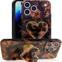 Compatible with Cute iPhone 17 Pro Max Case 6.9'', Tortoise Shell Phone Case with Brown Amber Print Leopard Heart Holder Stand Kickstand Shockproof TPU Protective Cover for Women Girls, Brown