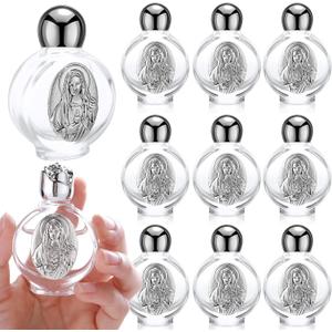 Domensi 12 Pcs Glass Holy Water Bottles 0.5 Floz Embossed Catholic Baptism Favor Christian Water Container Bulk for Guest Communion Church Gift Wedding Decor (Silver, Immaculate Heart of Mary Round Cap)