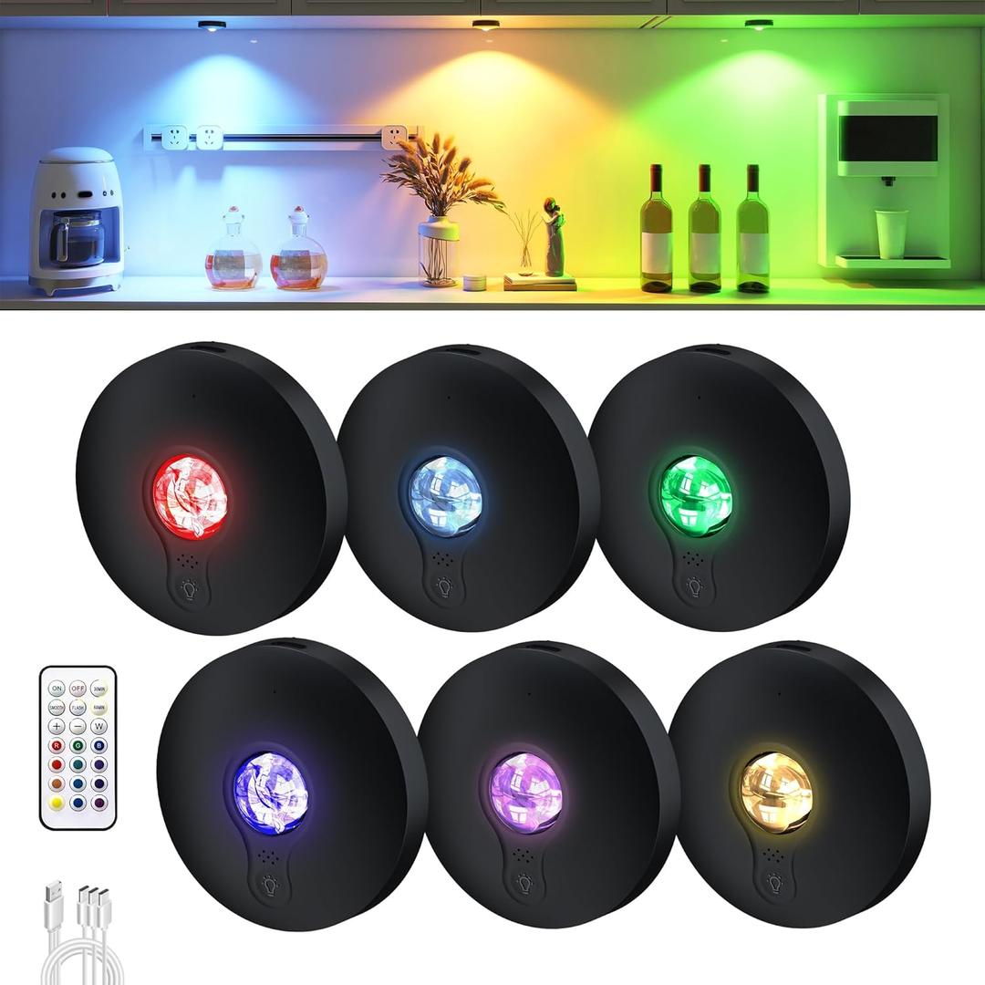 Rechargeable RGB Puck Lights with Remote Control,2000mAh High Capacity Battery Operated RGB Cabinet Lighting,Dimmable Tap Stick On& Magnetic Mount Wireless Closet Light for Kitchen Counter,Shelve